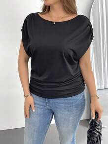 SHEIN Essnce 大码女装春夏时尚休闲宽松舒适日常百搭修身黑色露肩短袖T恤，简约风格，工作上衣，欧洲夏季，露肩上衣，女士教堂服装，教师服装 - 黑色 - 查看 5