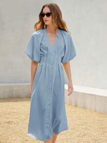 SHEIN Unity Vestido cárdigan con mangas de volantes de gasa larga para mujeres - Azul - Ver 3