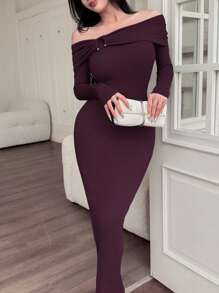 Feyla 女士纯色露肩金属优雅长袖连衣裙 - 紫色 - 查看 2