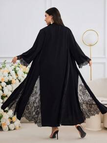 Al Najma Plus Size Women Elegant Solid Color Contrast Lace Flare Sleeve Arabic Abaya - Black - View 2