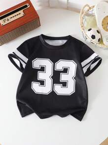 小男孩条纹印花圆领短袖休闲T恤，夏季 - 黑色 - 查看 3