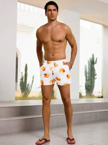 CoralVoy Men's Cartoon Duck Print Drawstring Waist Pocket Beach Shorts (Asymmetrical Cut), Hawaiian - White - View 5