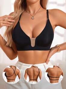 SHEIN 1pc Women Deep-V Neck Solid Color Spaghetti Strap Backless Casual Bra - Black - View 2