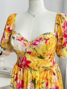 Flirla Robe d'été à encolure carrée, taille empire, volants aux manches et ourlet à volants, imprimé floral tropical, pour femmes en grandes tailles - Multicolore - Voir 5