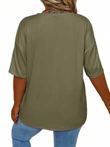 SHEIN LUNE Plus Size Summer Casual Loose Solid Color Short Sleeve T-Shirt - Olive Green - View 2