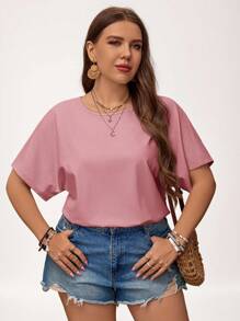 SHEIN LUNE Plus Size Women's Solid Color Round Neck Casual Loose Short Sleeve Bodysuit Wedding Guest Dress Women Mother Day Summer Simple & Fashionable - Dusty Pink - View 5