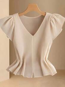 Bộ 2 món cho nữ thanh lịch đi làm màu trơn tay lửng và chân váy - Màu be - Xem 4