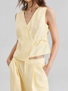 Ontre 2025 Women's Summer Clothing Set,Pale Yellow Smart Casual Brunch Wear,Solid Wrap Tie Sleeveless Top & Loose Wide Leg Pants,Beach Resort Club Fashion - Yellow - View 5