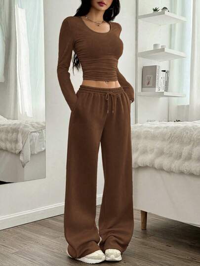 SHEIN EZwear Women's Casual Brown Round Neck Long Sleeve Top And Pants 2 Pieces Set