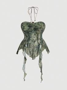 SHEIN MOD 大码女式复古扎染佩斯利印花衬衫，适合暑假、音乐节、派对 - 軍綠色 - 查看 1