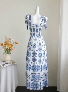 SHEIN Unity Blue Holiday Style Strap Porcelain Print Slip Dress - Blue - View 2