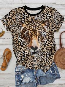 SHEIN LUNE Damen Große Größen Leoparden Muster Grafik T-Shirts, lässige Sommer Tops