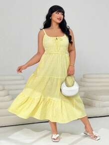 Solflare Plus Size Women's Casual Butter Yellow Plaid Tie Front Overall Dress,Flowy Dress,Wedding Guest Dress Women,Vacation Outfits Woman,Beach Outfits For Woman,Sundress,Festival,Birthday Dresses For Women,Graduation Dress - Yellow - View 6