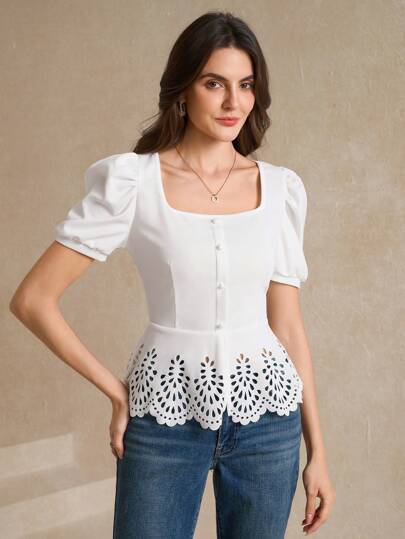 Amorya 简约时尚纽扣方领袖衬衫，休闲日常穿搭，秋冬女装，返校季，优雅复古，适合教师、机场、婚礼宾客、生日派对、俱乐部、万圣节等场合，尽显优雅气质。