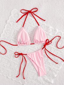 Swim Mod 2pcs/Set New Summer Solid Color Sexy Backless Halter Tie Women Swimsuit Set - Pink - View 2