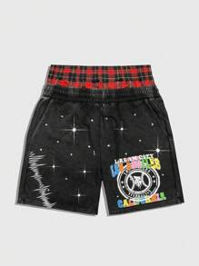 ROMWE MEN Men's Street Life Letter Print Drawstring Waist Casual Shorts With Pockets - Multicolor - View 1