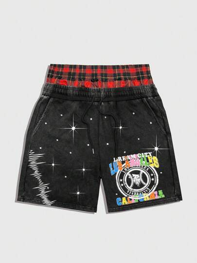 Prep Pantalones cortos casuales con impresión de letras, cordón en la cintura y bolsillos para hombre