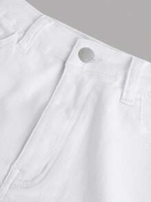 SHEIN 青少年女孩休閒中腰不對稱破洞牛仔短褲 - 中等水洗藍 - 查看 4