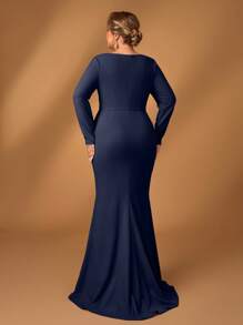 Serin 优雅奢华弹力针织长袖紧身美人鱼连衣裙，适合婚礼、派对、度假、舞会、晚礼服、新娘母亲礼服 - 藏蓝色 - 查看 3