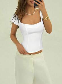 Aloruh 复古方领超低胸性感露胸短款上衣，适合性感女孩 - 白色 - 查看 5