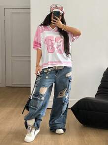 Coolane Tricou de fotbal pentru femei, primăvara și vara, Y2K, streetwear, vintage, respirabil, cu plasă, grafică, număr, model
