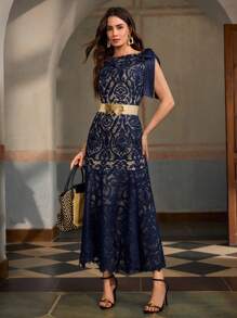 ZEYLAH Sleeveless Off Shoulder Bowknot Fishtail Lace Maxi Elegant Dress - Navy Blue - View 5