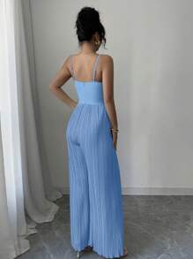 Elenzga Women's Fashionable Summer Strap Pleated Jumpsuit - Baby Blue - View 2