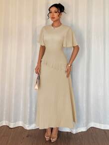 Elenzga Đầm Maxi thường ngày bằng vải dệt kết cấu cổ tròn tay bèo nhún thắt lưng cạp cao cho nữ, trang phục đi nghỉ thanh lịch, thon gọn - Màu be - Xem 4