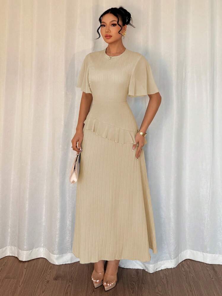 Elenzga فستان أنيق طويل للنساء من القماش المنسوج المزجج بالشيفون بياقة دائرية وأكمام مكسرة مزينة بالكشكشة وحزام خصر عالي، مناسب للمناسبات الرسمية والعفوية والرحلات الفاخرة - لون مشمشي - مشاهدة 4