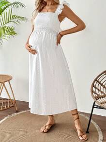 SHEIN Sukienka ciążowa z falbaną na dole i kwiatowym haftem - Biały - Zobacz 4