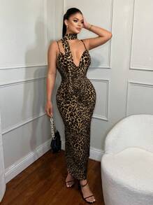 SHEIN SXY 女式性感修身豹纹细肩带露背连衣裙 - 彩色 - 查看 4