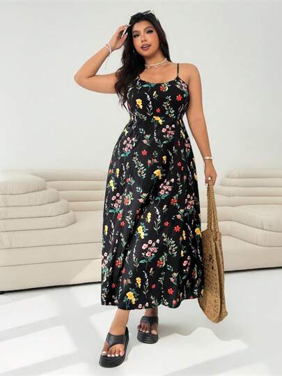 SHEIN EZwear Plus Size Women Summer Sleeveless Casual All Over Print Dress,Summer Dresses For Women,Sun Dresses,Vacation,European Summer,Beach,Maxi Dress, Long Floral Dress Women,Sun Dresses For Women,Elegant,Work,Business,Office,School,Brunch