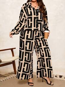 SHEIN Clasi Curve Plus Size Khaki Elegant Business Commuting Casual All-Over Print Lantern Sleeve Shirt + Wide Leg Pants 2 Pieces Set, Autumn And Winter