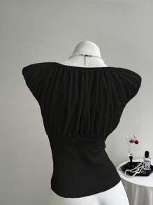 Elamini Blusa de mujer de manga corta con fruncido, bordado y lazo en la parte delantera, fresca y elegante, para primavera/verano - Negro - Ver 2