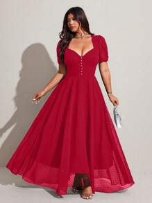 Viva Relle Plus-Size Women's Fabric Buttons Decorated Sexy Short-Sleeved Mid-Length Slimming Dress - Red - View 5