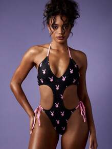 Missguided x Playboy Đồ bơi Monokini một mảnh có đường cắt bên hông Bộ đồ tắm bãi biển mùa hè Trang phục bơi tiệc hồ bơi Đồ bơi hở chân cao mặc ở khu nghỉ dưỡng - màu đen - Xem 5