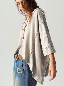 Bohemela 纯色针织V领短袖宽松水洗大码T恤