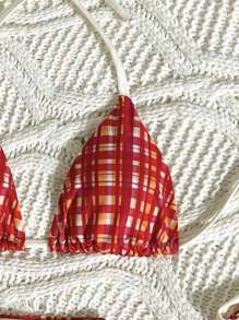 Swim Mod Bộ 3 áo bikini kẻ caro hở lưng cho nữ kèm dây buộc, quần bikini tam giác và quần short - Nhiều màu - Xem 5