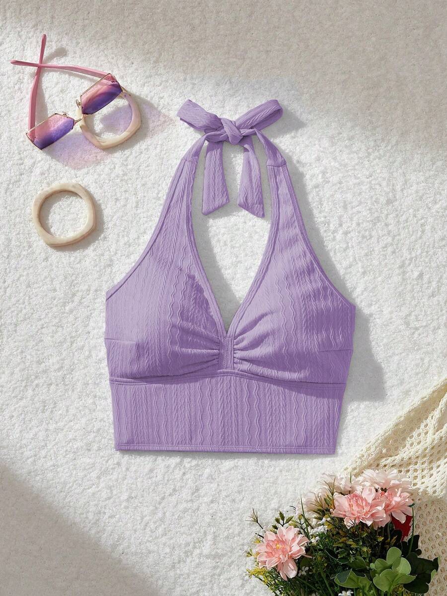 SHEIN MOD Áo bơi dệt kim jacquard màu hồng buộc cổ phía trước - Màu tím - Xem 1