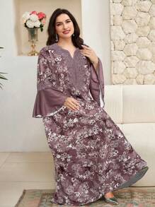 Al Najma Plus Size Women Floral Print Arabian Style Dress - Burgundy - View 5