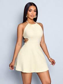 SOLERSUN Vestido corto de punto para playa, con cuello halter, espalda descubierta, cintura con flecos, uso diario, para vacaciones y estilo de Hawái, en unicolor, para uso en primavera y verano