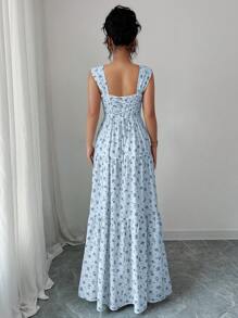 Selianne Váy hoa không tay thắt eo cho nữ, váy cưới phong cách đa năng, váy dài, váy maxi cho mùa xuân/hè, trang phục dự tiệc cho nữ, trang phục thanh lịch, phù hợp để đi làm hàng ngày, lễ hội âm nhạc, trang phục ngày lễ/lễ hội âm nhạc/váy Derby - Màu xanh nhạt - Xem 2