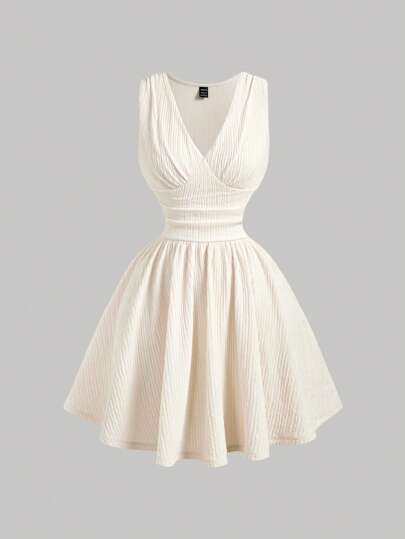 SHEIN MOD Vestido con escote en V color melocotón con detalles plisados, elegante y romántico, perfecto para citas, fiestas, vacaciones, meriendas y cumpleaños