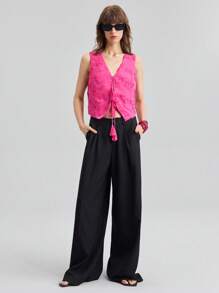 Ontre 2025 New Bowknot Strap Top, Vacation Style 3D Floral Fabric White Front Tie Wheat Decoration Women's Top, Women's Top, Spring Clothing - Hot Pink - View 1