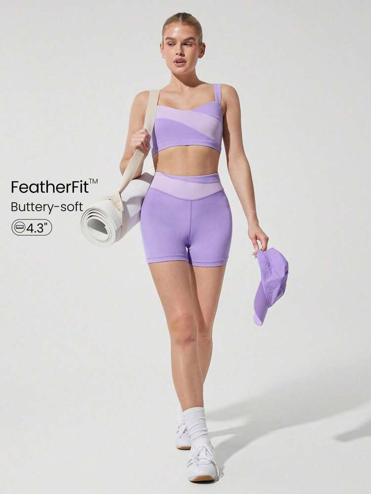 4.3" FeatherFit™ Winning Streak Sweat Wicking Buttery Soft Stretchy Anti-Slip Colorblock Waist Biker Shorts Low Impact Yoga Pilates Barre Studio Daily Casual Wear