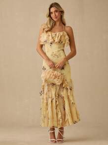 Enchnt 女式花卉印花无袖荷叶边修腰弹力雪纺优雅连衣裙，适合夏季 - 黃色 - 查看 3