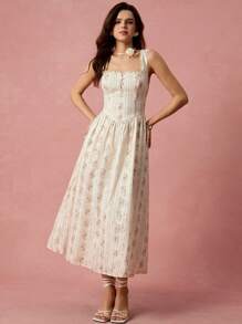 Enchnt Spring/Summer Romantic Women's Apricot Little Rose Print Square Neck Ruched Cross-Tie Back Sleeveless Princess Long Dress,Sweet&Elegant For Vacation&Date&Holiday&Party&Graduation&Wedding Guest&Beach&Boho Chic,Prom Dress,Summer Dresses For Women,Sun Dresses For Women,Summer Clothes, ,Elegant Dresses For Party - Baby Pink - View 7