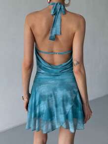 Aloruh Abito mini con scollo a drappeggio e stampa tie-dye, di moda
