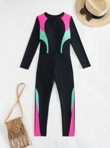 Swim Mulvari 1pc Multicolor Patchwork Wetsuit With Front Zipper, Long Sleeve & Long Pants, Middle Eastern Style Surfing Suit For Summer Beach Vacation - Black - View 6