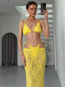 Aloruh Women's Yellow 3 Piece Bikini Set With Skirt Halter Sleeveless Micro Crop Top And Lace Maxi Skirt Co-Ord Set For Summer - Yellow - View 7